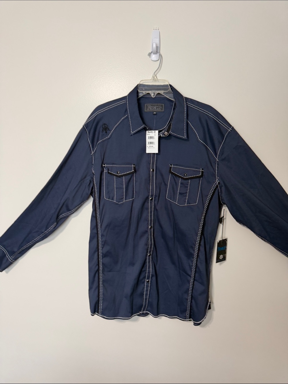 Roar Men's Navy Button-Up Shirt Jacket with Contrast Stitching